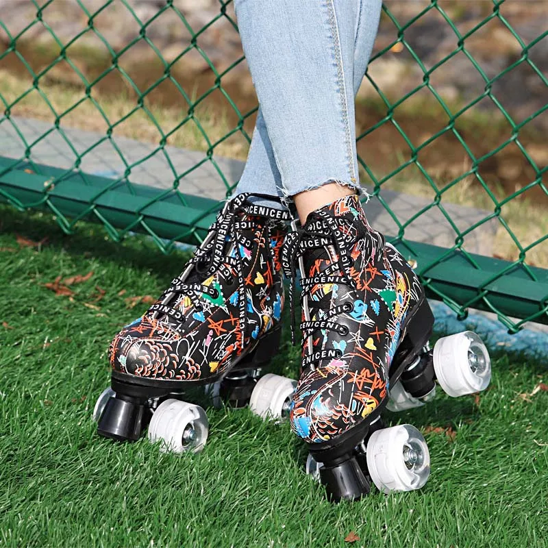 Microfiber Roller Skates Double Line Women Men Adult Two Skating Shoes with White PU 4 Wheels Training | Спорт и развлечения