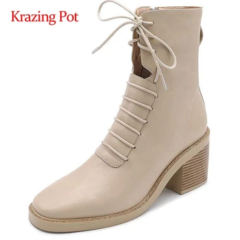 

Krazing pot large size western boots european design high quality model square toe thick high heel zipper maiden ankle boots L17