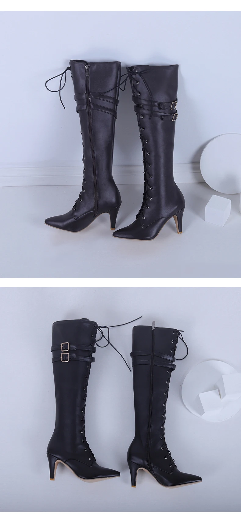 Oversized Pointed Toe Cross Lace-Up Boots Sexy Cat Heel Double Belt Buckle Motorcycle Boots Street Trend Female Knee-Length Boot