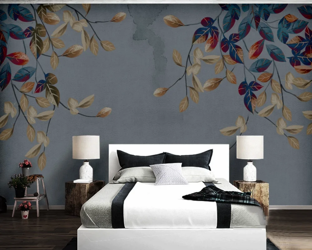 

Hand painted abstract leaves, elegant, small, fresh, modern and simple background wall-custom wallpaper wall covering