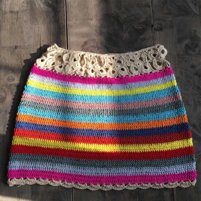 Радужные BOHO винтажные Мини юбки крючком Сексуальная Пляжная одежда цветочные кружевные купальные костюмы ручной работы Женская юбка полосатая летняя хлопковая - Цвет: 2