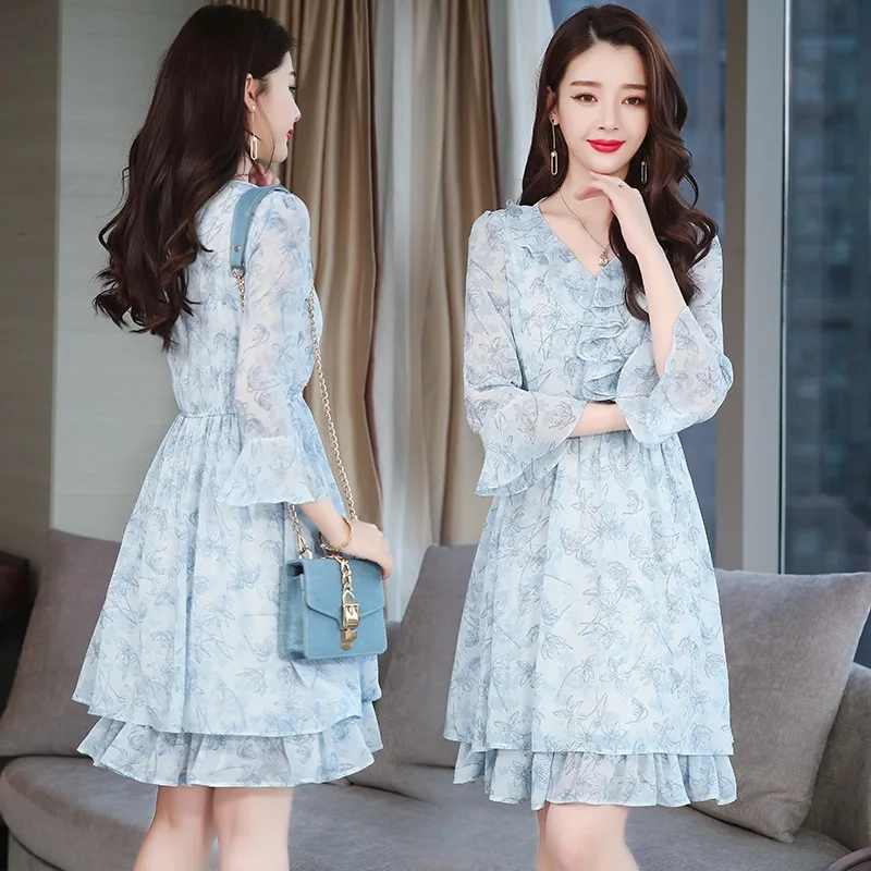 

2019 New Style Korean-style Spring, Autumn And Winter Floral Print V-neck Popular Elegant Long Sleeve Chiffon Dress Women's Mid-