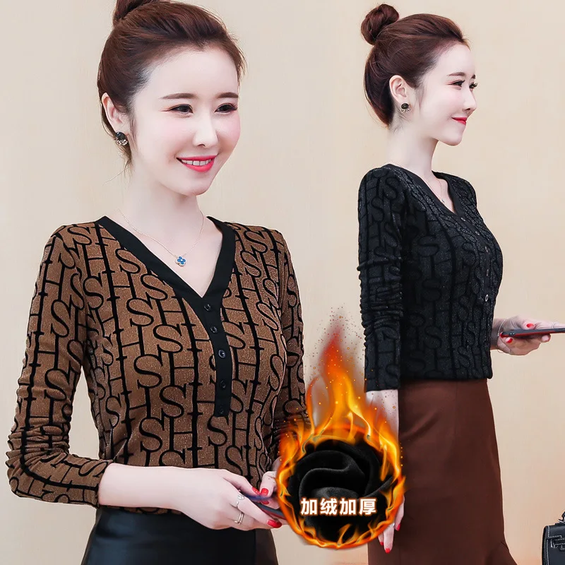 

2019 Autumn And Winter New Style Fashion Slim Fit plus Velvet V-neck Lettered Long-sleeved T-shirt Women's Gauze Trend Base Shir