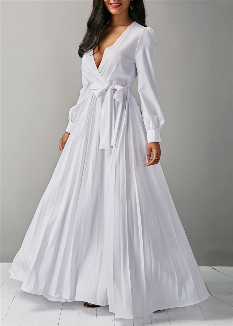 v neck long sleeve belted maxi dress