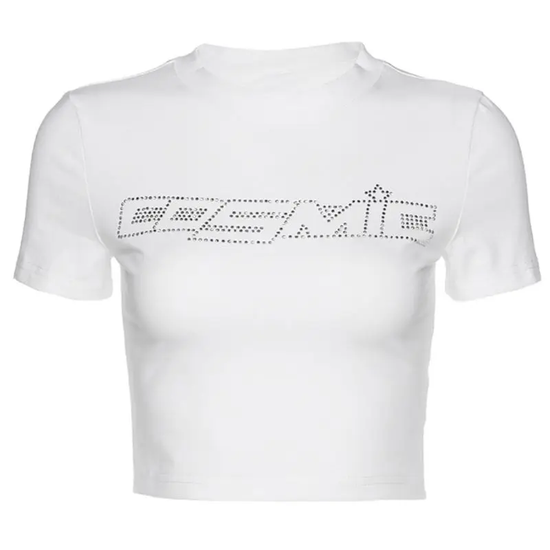 

2022 New Women Short Sleeve/Sleeveless Crop Top Rhinestone Letter T-Shirt Vest Streetwear