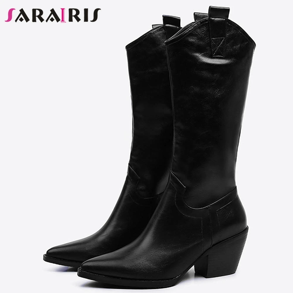 SARAIRIS/модные ботинки в западном стиле, большие размеры 33-45 женские зимние сапоги до середины икры с острым носком г. Женская обувь на высоком каблуке