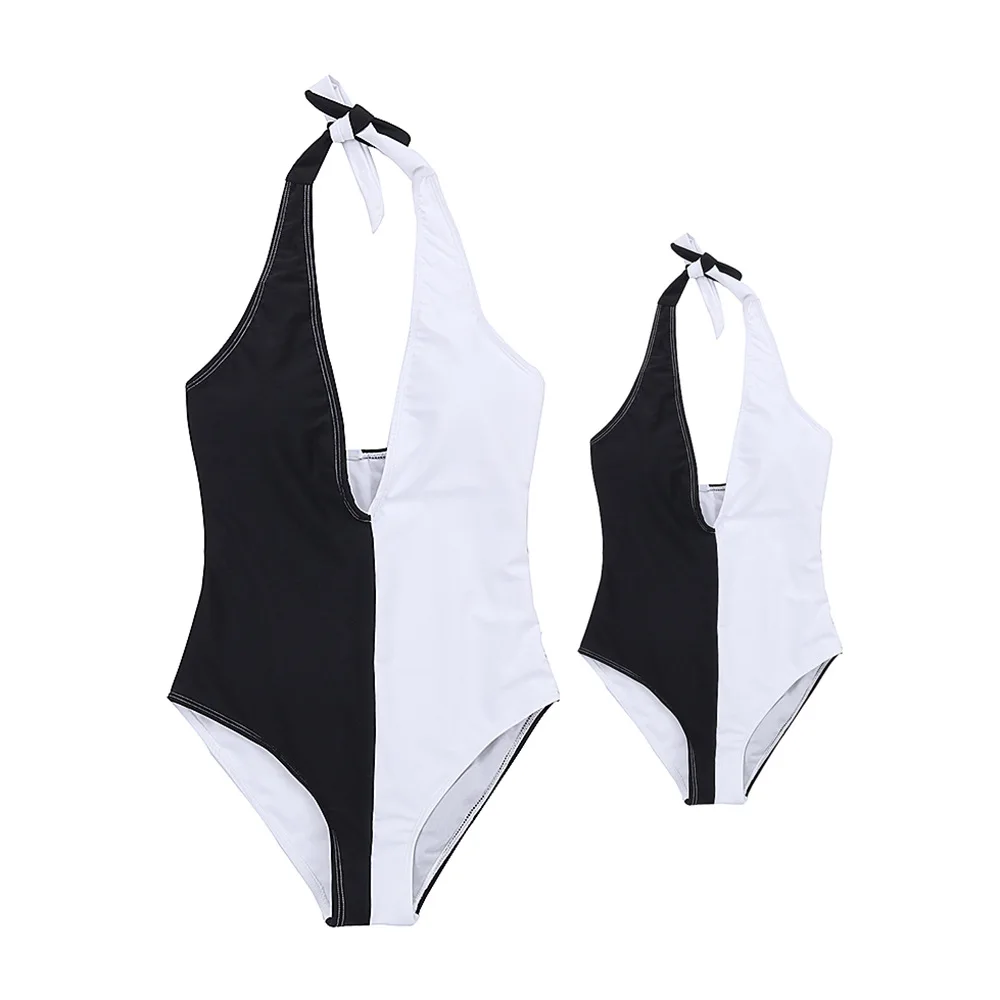 

2018 Europe And America New Style One-piece Parent And Child Bathing Suit Solid Color Lace Department of Neck Mom Baby Girls One