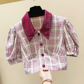 

2020 Summer New Slim Doll Collar Short Sleeved Shirt Women Temperament Cropped Plaid Puff Sleeve Blouse Top Female Summer Top