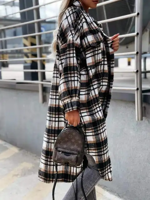 Women Autumn Jacket Fashion Long Plaid Shirt Coats Winter