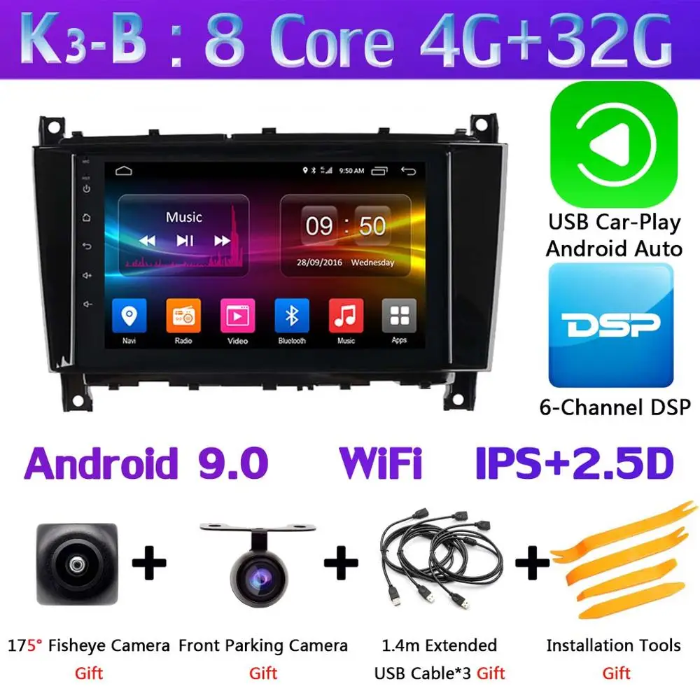 360 ° панорамная камера Автомобильный мультимедийный плеер Android 9,0 8Core 4+ 64G CarPlay DSP SPDIF gps радио для Mercedes Benz W209 W203 W219 - Цвет: K3-B-CarPlay