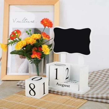 

Wooden Block Calendar with Chalkboard - White - Organizer and Planner - Perpetual Desk Calendar