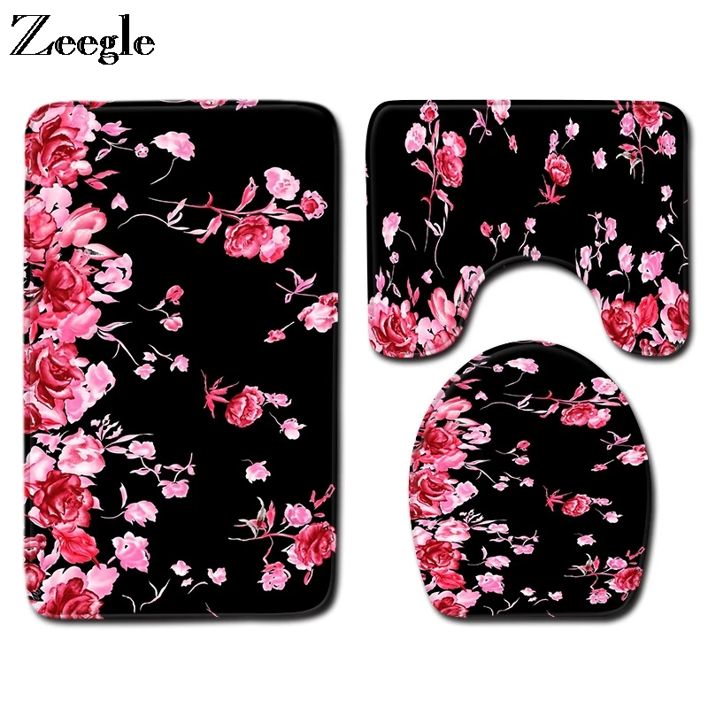 Набор ковриков для ванной с противоскользящим покрытием, коврик для ванной комнаты с цветочным принтом, чехол для унитаза, аксессуары для унитаза, фланелевый мягкий набор ковриков для унитаза