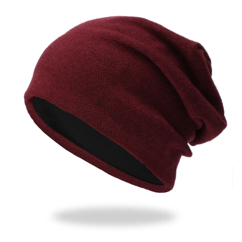 Шапка бини, повседневная утолщенная Вязаная хлопковая теплая шапка, уличная Осенняя зимняя спортивная одежда, аксессуары - Цвет: Wine red
