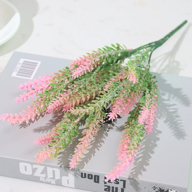 Artificial Flowers Flocked Plastic Lavender Bundle Fake Plants Wedding Bridle Bouquet Indoor Outdoor Home Kitchen Office Table JY09-Pink37cm