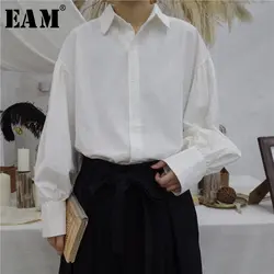 [EAM] 2019 новая весенне-летняя рубашка с воротником-стойкой и пышными рукавами, свободная повседневная винтажная рубашка с пуговицами