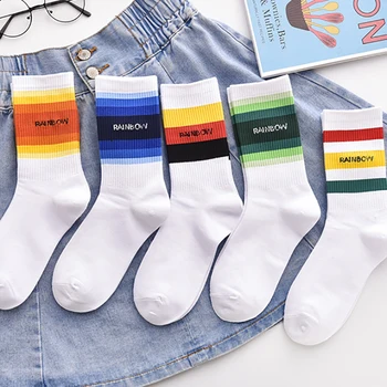 

5 Pairs Women Long Socks Rainbow Streetwear Striped Sock Christmas Gift for girls Socks Set Calcetines Sokken Black White 1 Lot