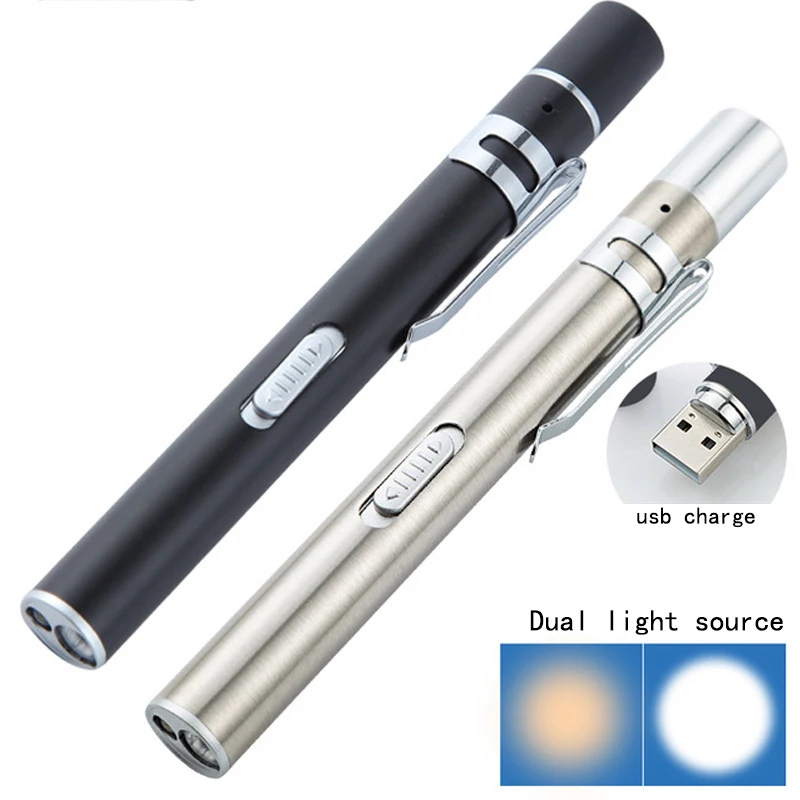 

Dual Light Source Mini LED Pen Flashlight Stainless Steel USB Built-in Rechargeable Flash light Gift Supplies