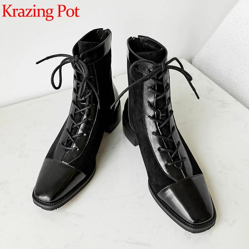 

Krazing Pot black colors cow leather patchwork lace up British ankle boots square toe med heels winter keep warm Zip shoes L23