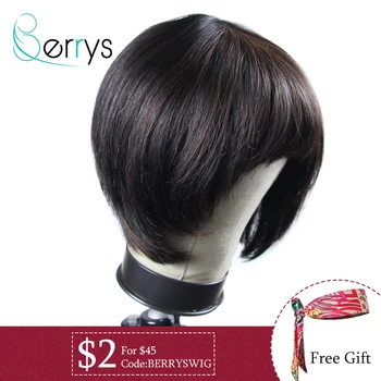 

Berryshair Human Hair Pixie Cut Wigs Full Machine Wigs with Bangs for Women Short Straight Hair Nature Color Bob Wig Glueless