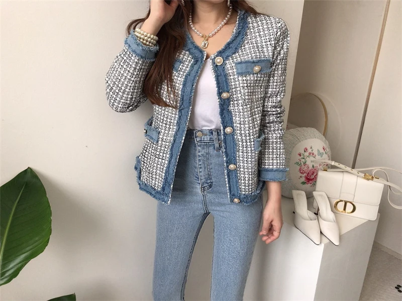 H990a371996144edcbc4d643bf64f45c7s - Spring / Autumn Single-Breasted Denim-Trimmed Tweed Jacket