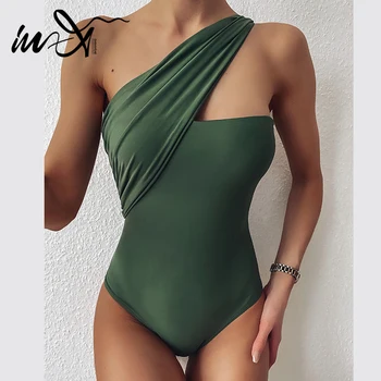 

In-X Vintage green swimsuit one piece Sexy backless swimwear women Monokini One shoulder bodysuit one piece suits Beach wear new