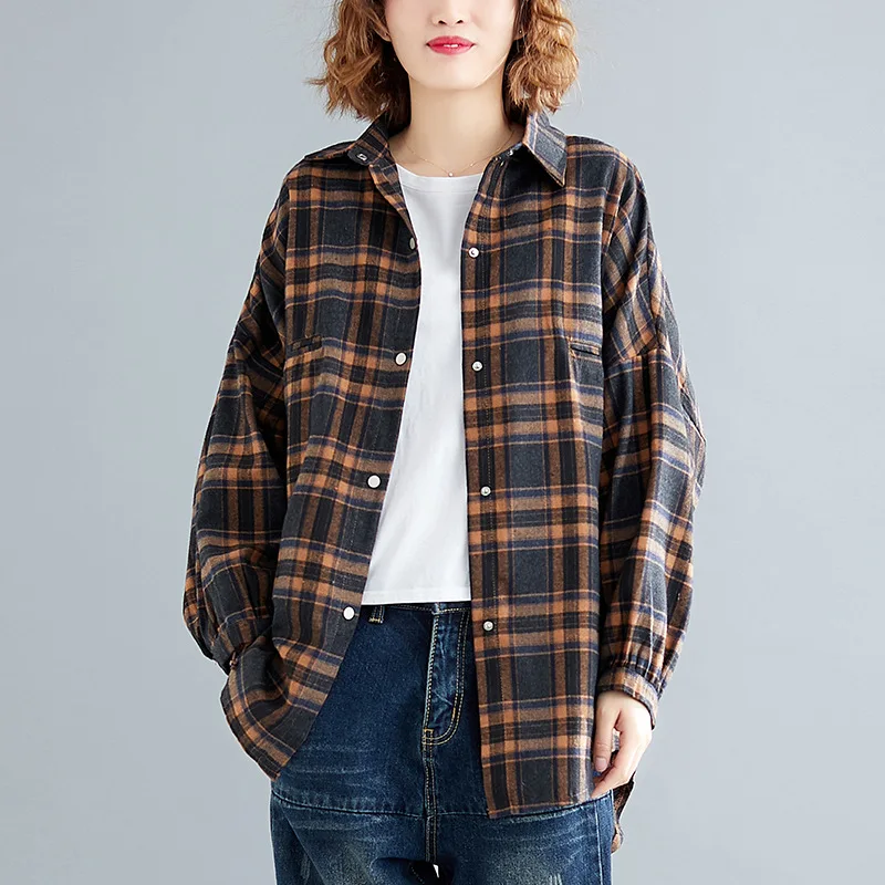 

2019 Spring Summer New Style Korean-style Casual Loose-Fit Slimming Fat Mm Large Size Cardigan Plaid Printed Shirt WOMEN'S Dress