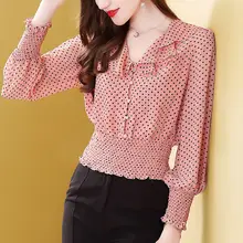 

2021 Spring Autumn Women Ruffled-Neck Blouse Polka Dot Patchwork Chiffon Shirt Female Elegant Long Sleeve Tops
