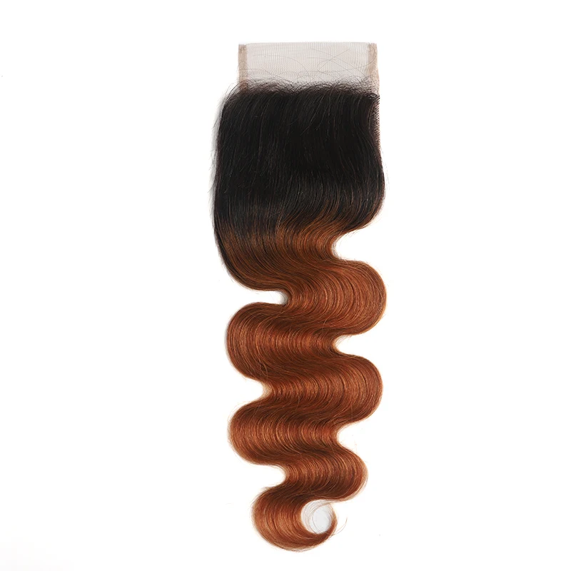 Объемная волна 4x4 закрытие шнурка естественная линия волос бразильский свободный/средний/три части швейцарское закрытие шнурка Non-Remy человеческие волосы SOKU - Цвет: T1B/30