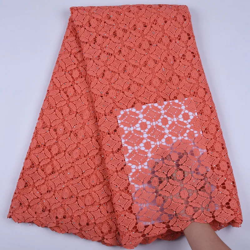 

Soft Peach High Quality African Guipure Cord Lace Fabrics Allover Stones Hollow Out Nigerian Water Soluble Cord Lace Dress F1713