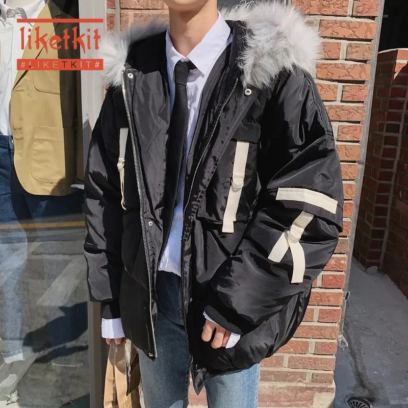 

Liketkit Mens Winter Jackets and Coats 2019 Male Casual Ribbons Solid Thick Parkas Mens Wool Collar Oversize Korean Couples Coat