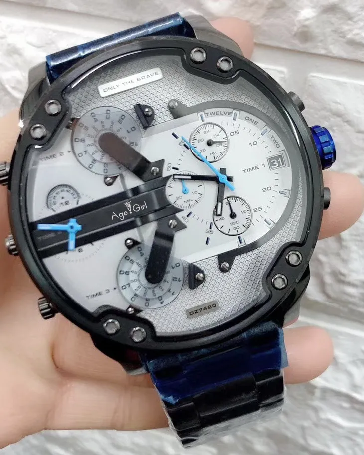 

Luxury Brand New Silver White Stainless Steel Black Blue Mens Dual Time Watch Mr. Daddy Chronograph Sapphire StopWatch Oversized