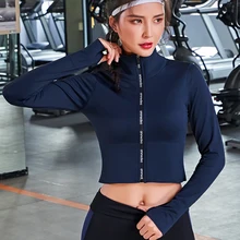 Спортивная куртка на молнии, бесшовный укороченный топ с акулой для пробежек, занятий фитнесом, йогой и длинным рукавом, женские спортивные майки
