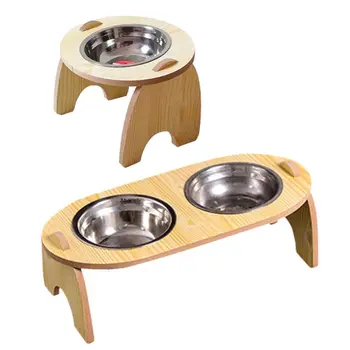 

Raised Cat Food Water Bowl Wood Frame Slanted Pet Feeding Stainless Steel Food N58C