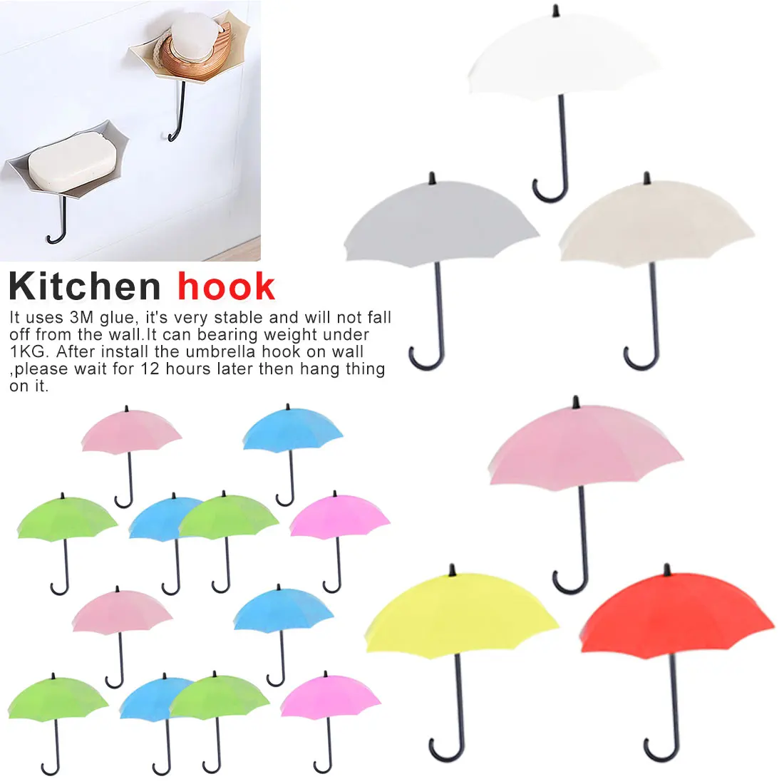 

3pcs Kitchen Bathroom Bedroom Living Room Cute Umbrella Shape Hook Traceless Stick Hook Super Weigh Hook