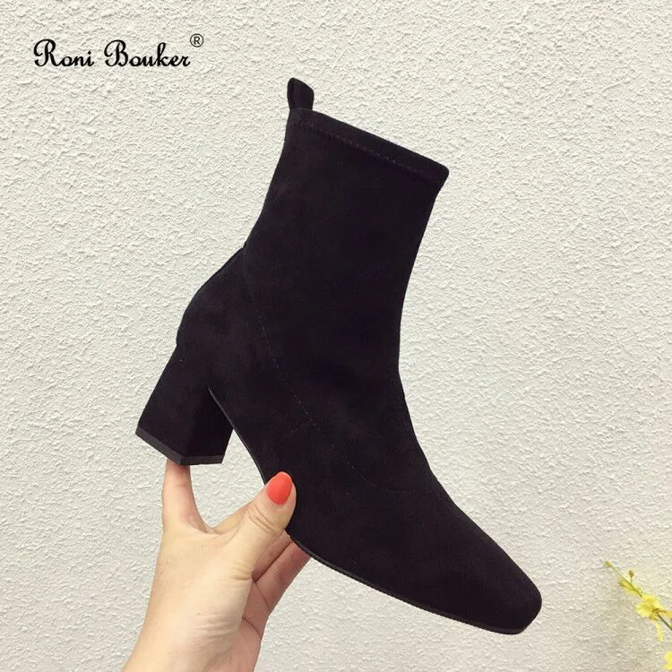 Roni Bouker Autumn Winter High Heels Shoes Woman Square Toe Ankle Boots Women Fashion Flock Leather Booties Female Botas Mujer40 - Color: Black with plush