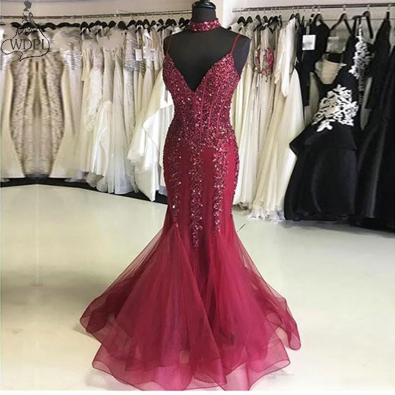 Шикарные платья для выпускного вечера с бисером Robe de soiree бордовое вечернее платье с глубоким v-образным вырезом Вечерние платья на тонких бретелях