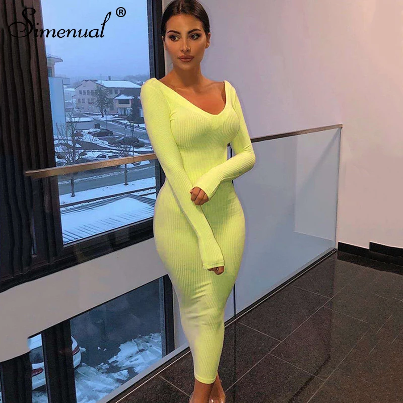 neon green Simenual, сексуальные модные ребристые Платья для вечеринок, женское Клубное платье с длинным рукавом и открытыми плечами, облегающее платье, горячая осень, обтягивающее платье макси - Цвет: neon green
