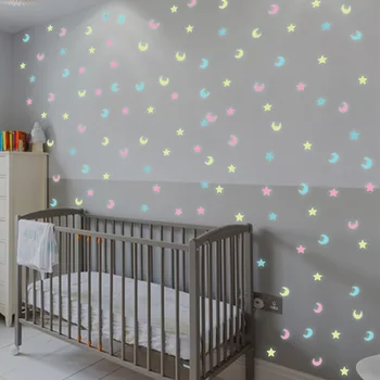 

100PCS 3D Star Moon Stickers Fluorescent Glow In the dark Luminous Wall Stickers for Kids Room Living Room Decal