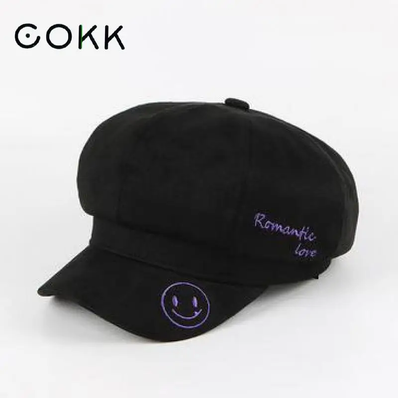 

COKK 2019 New Autumn Winter Cotton Octagonal Hat Womens Newsboy Cap Smiling Face Embroidery Corduroy Painter Cap Casual Vintage