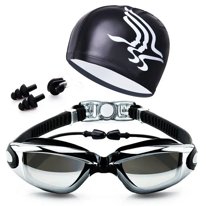 

Goggles High-definition Plain Glass Waterproof Anti-fog Glasses Swimming Cap Swimming Suit Adjustable Large Frame Electroplated