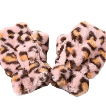

Womens Winter Plush Touch Screen Half Finger Gloves Leopard Warm Texting Mittens 449F