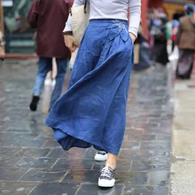 Горная Удобная 19 синяя отрегулируемая/Осенняя льняная художественная Веерная юбка с аппликацией на талии, украшенная бусинами, Женская юбка с подкладкой из Гари 90977