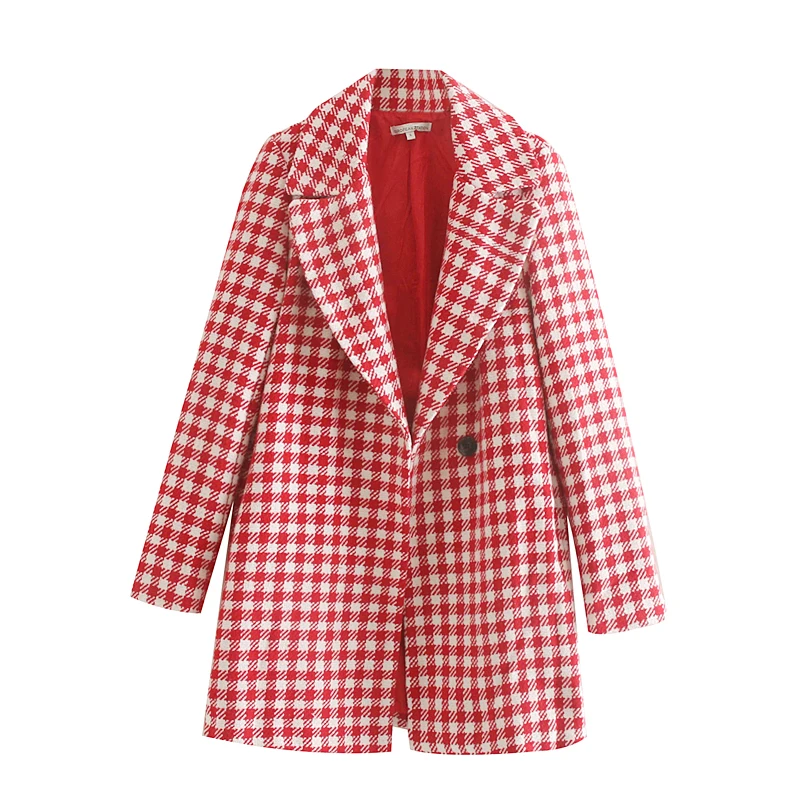 Винтажное красное клетчатое модное повседневное шерстяное Женское пальто зимняя куртка на одной пуговице с длинными рукавами и отворотом Женская куртка британская гусиная лапка