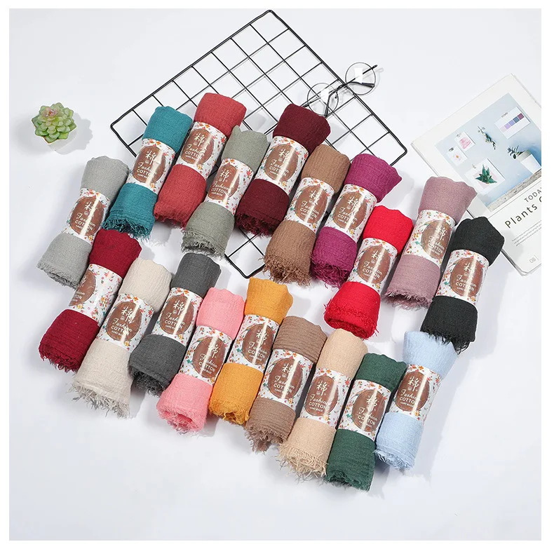 

M MISM 20pcs/lot Cotton Linen Head Scarf Muslim Ethnic Oversize Crinkle Hijab Scarf Women Solid Shawls And Wraps Soft