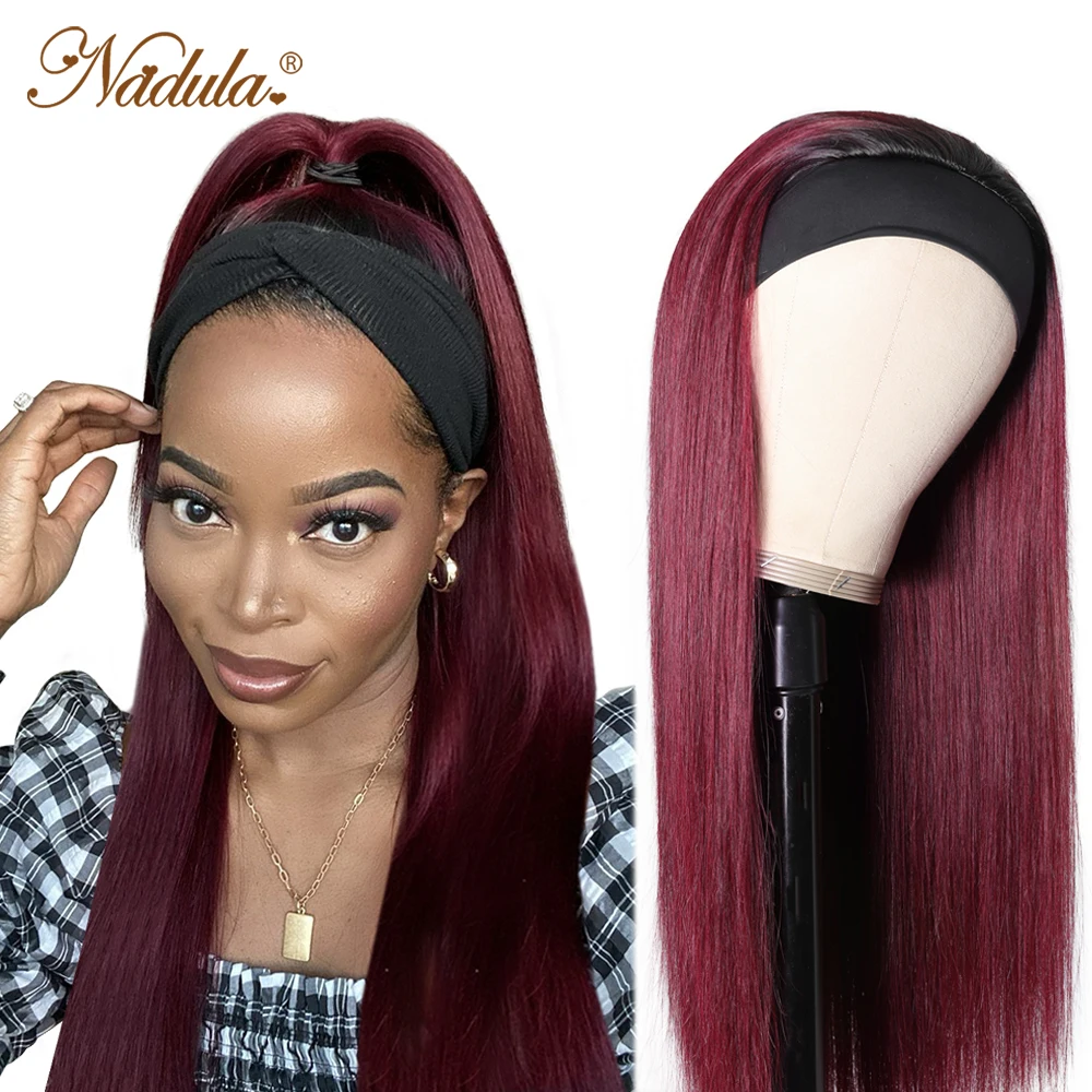 Nadula Hair Headband Wig Ombre 99J Color With Black Roots Straight