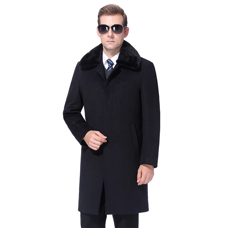 Dark Blue Зимнее мужское шерстяное пальто Теплое шерстяное пальто Мужское пальто Кашемировое пальто Шерсть Длинная куртка класическое шерсть мужское пальто зима натуральный меховой воротник кролика меховая подкладка - Цвет: Dark Blue