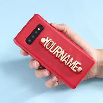 

For Samsung Galaxy S8 S9 S10 Plus Note 8 9 A50 Custom Leather Phone Case Holding Strap Gold Metal Name Text Phone Funda Coque