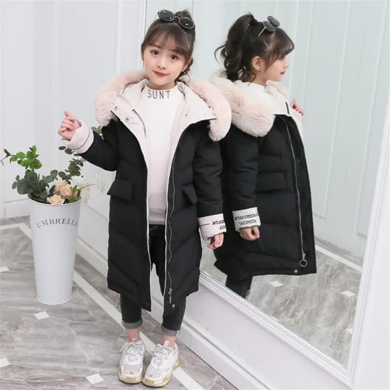 JMFFY Children's Fur Girls Coat Russian Winter Jacket For Teenage Girls Warm Hooded Thick Cotton-Padded Long Korean Kids