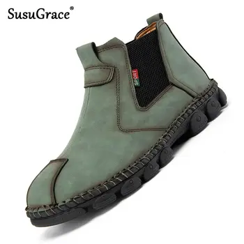 

SusuGrace Leather Mens Boots Autumn Breathable Casual Mans Chelsea Boots Outdoor Slip-on Vintage Fashion Street High-top Shoes