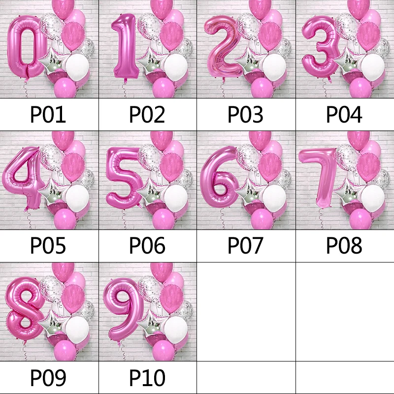 12pcs Pink Number Foil Balloon Birthday Party Decoration Latex Balloons Kids Baby Girl 1 2 3 4 5 6 7 8 9 Years Old 1st Birthday